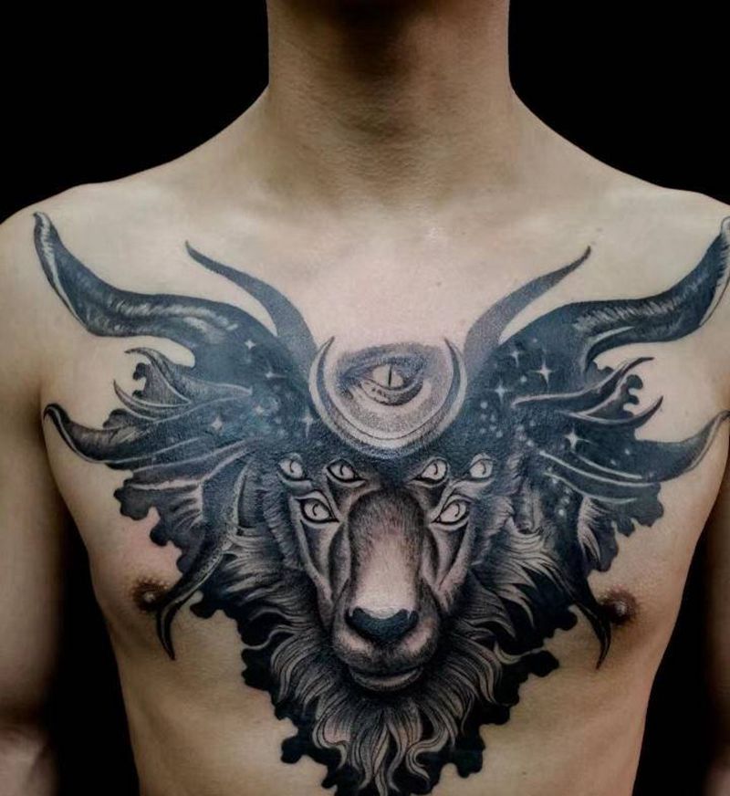 羊头纹身图片_胸部欧美写实图腾羊前胸暗黑纹身图案