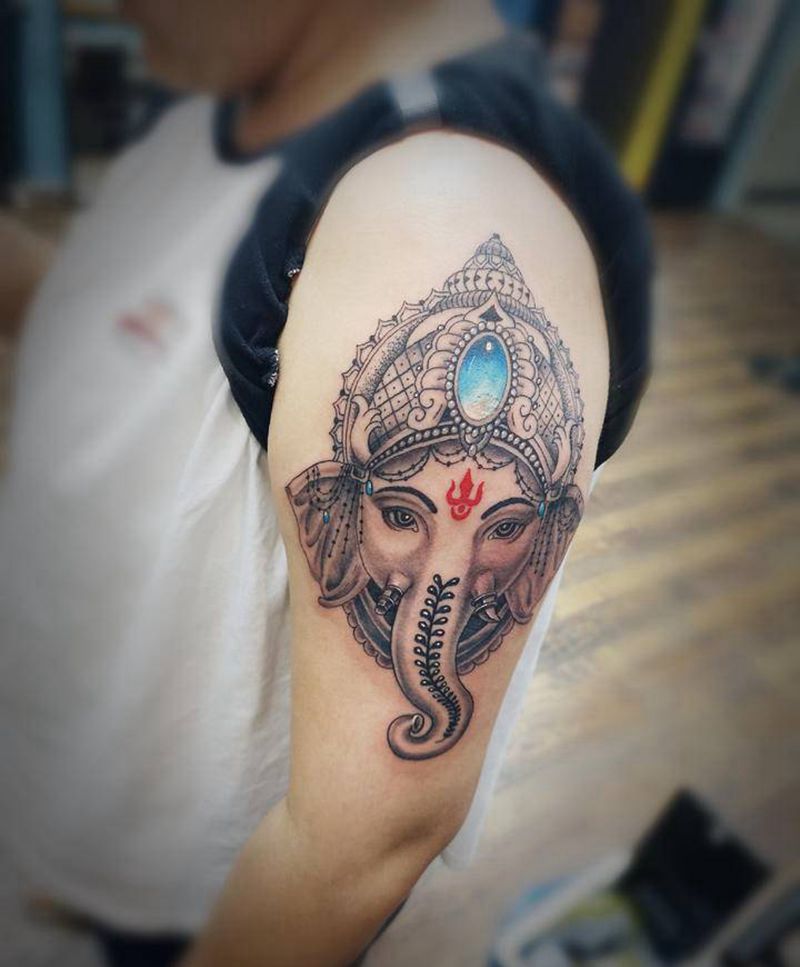 象神纹身图片_手臂欧美写实图腾象神大臂纹身图案