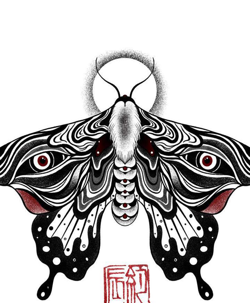 蝴蝶，手稿纹身图片_手臂胸部新传统图腾蝴蝶动物暗黑纹身图案