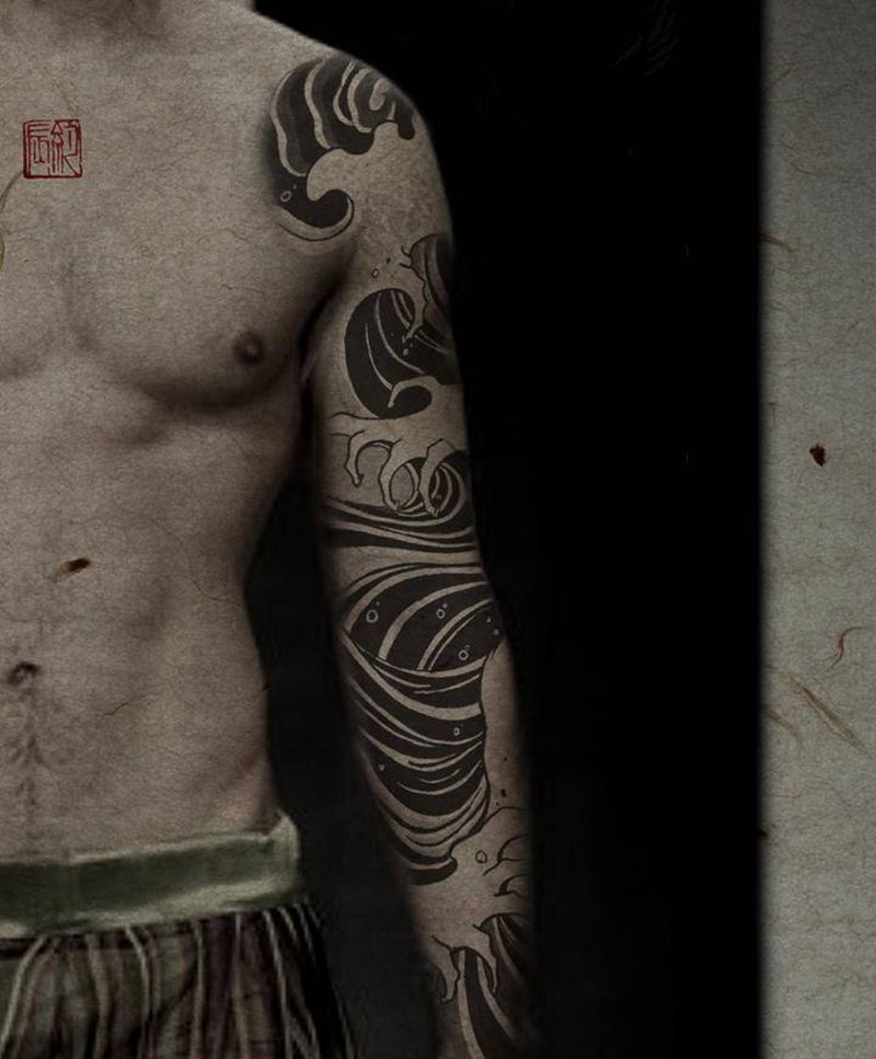 浪，花臂，手稿纹身图片_手臂手部新传统老传统海浪浪花臂纹身图案