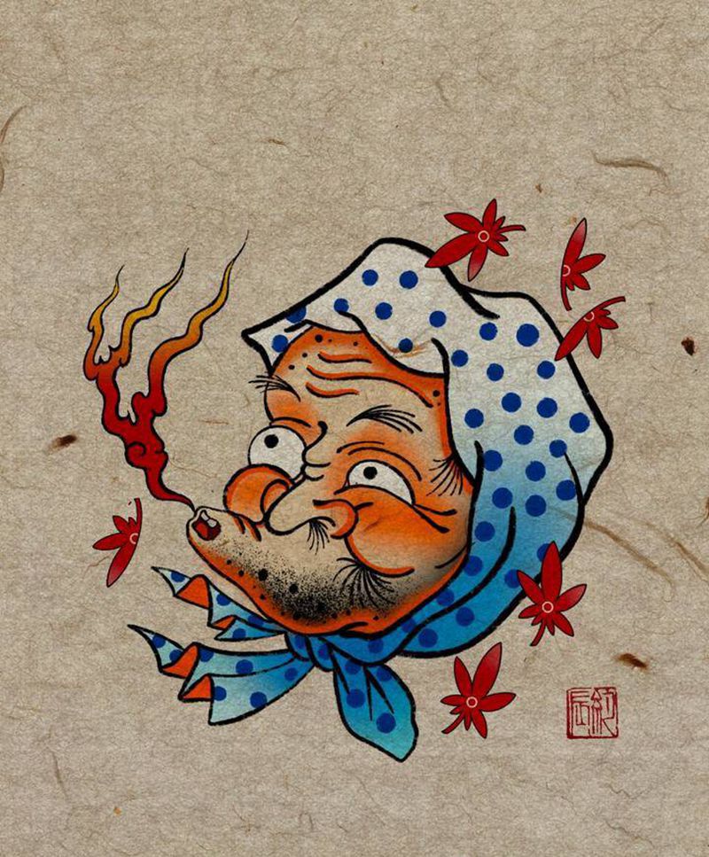 火男，手稿纹身图片_手臂腿部新传统老传统火男日式手稿纹身图案