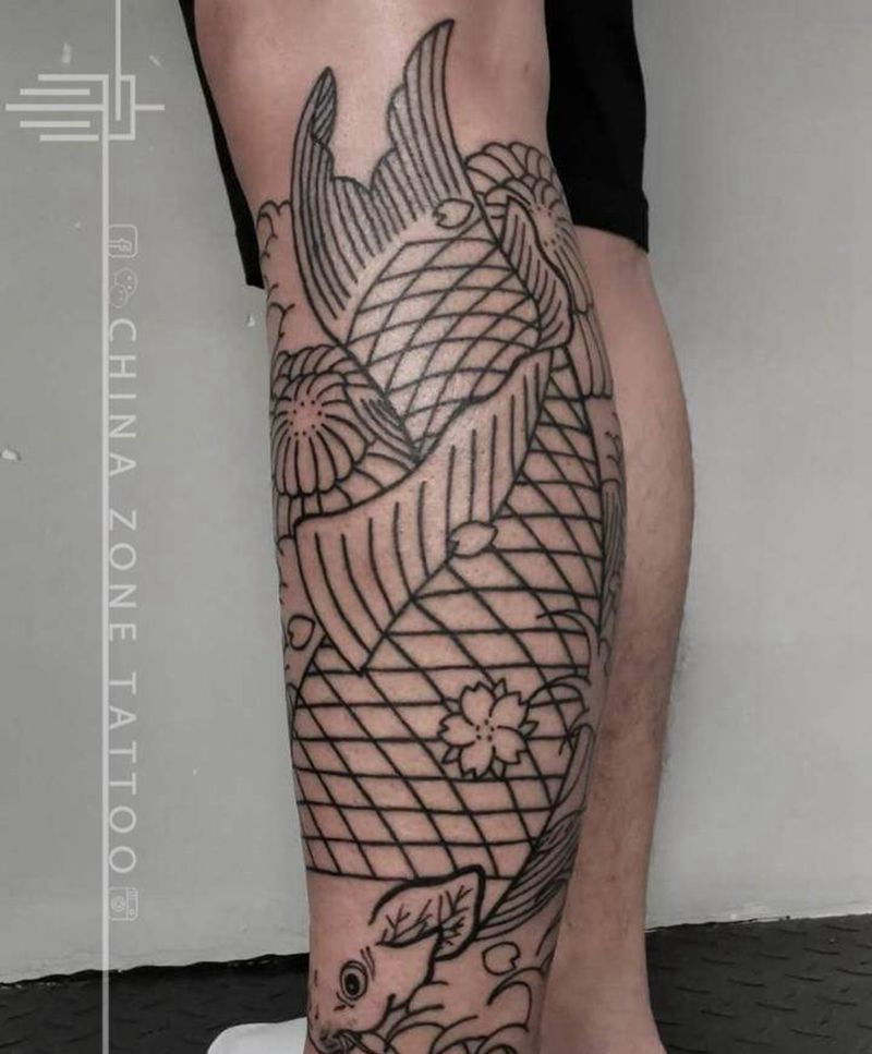 鲤鱼，包小腿，割线，待续纹身图片_腿部脚部老传统新传统鲤鱼菊花小腿纹身图案