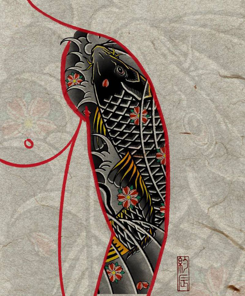 鲤鱼，七分袖，手稿纹身图片_手臂新传统老传统鲤鱼花臂传统纹身图案