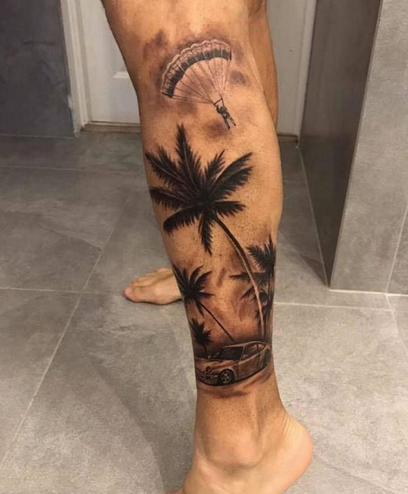椰树纹身图片_腿部纹身图案