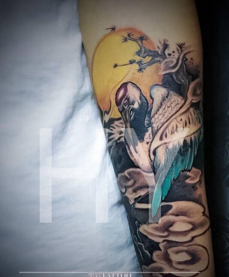 仙鹤纹身图片_手臂新传统纹身图案