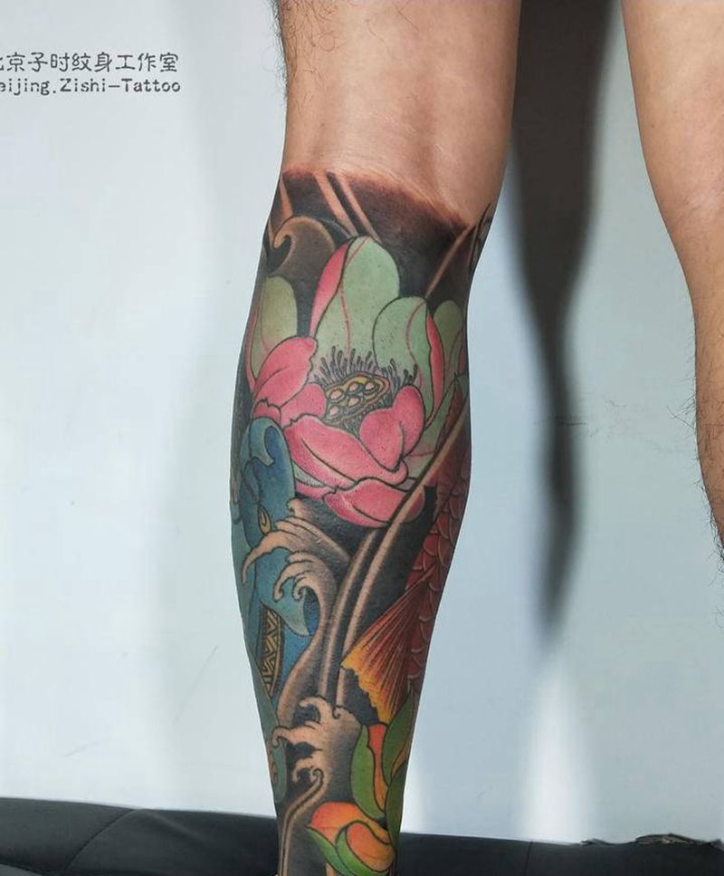 鱼与花（修改）纹身图片_腿部老传统纹身图案
