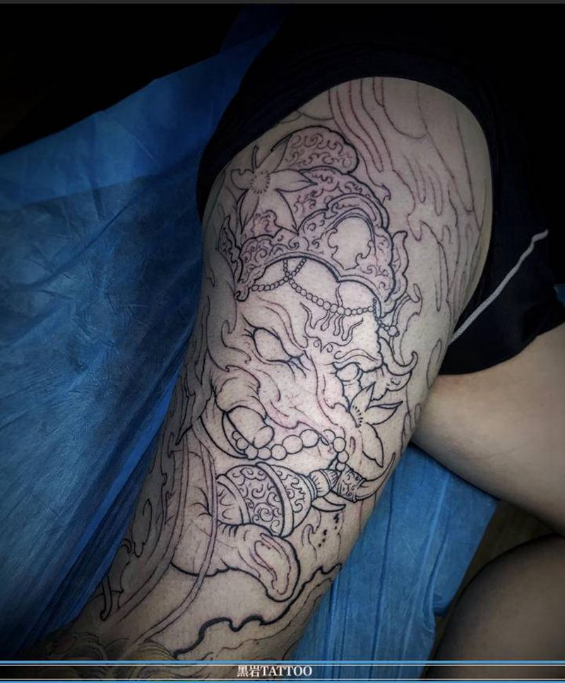 象神纹身图片_腿部新传统纹身图案