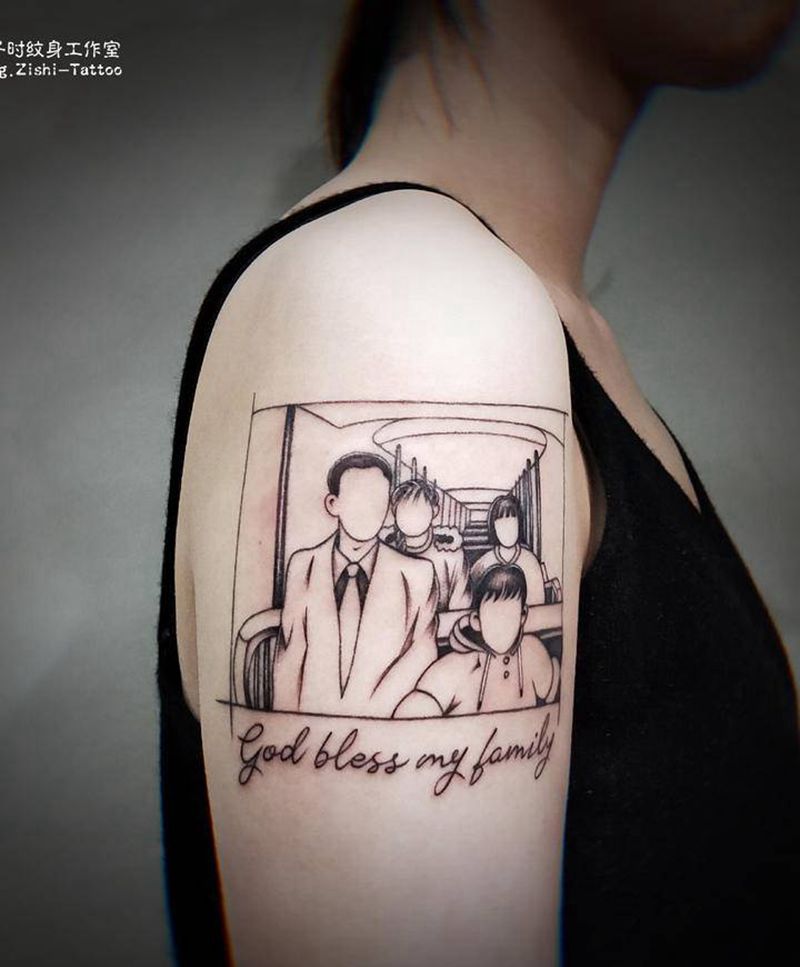 简笔画（家庭）纹身图片_手臂肩部图腾点刺简笔画纹身图案