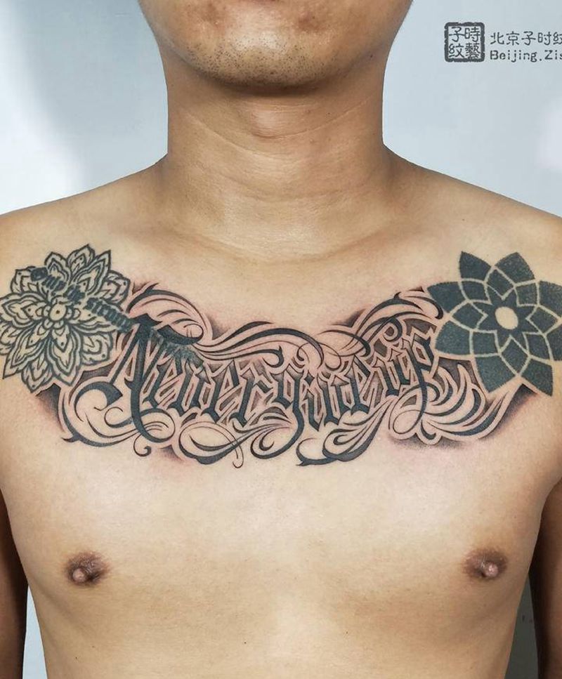 花体字（花胸）纹身图片_胸部花体字遮盖纹身图案