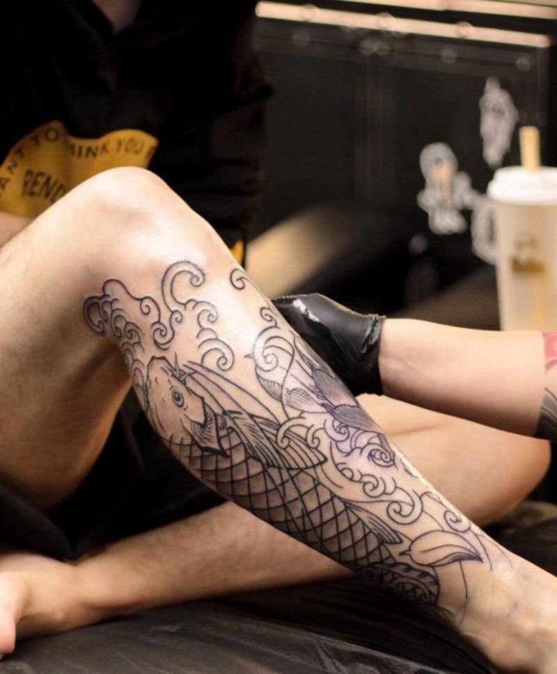 鲤鱼包小腿纹身图片_腿部老传统新传统纹身图案