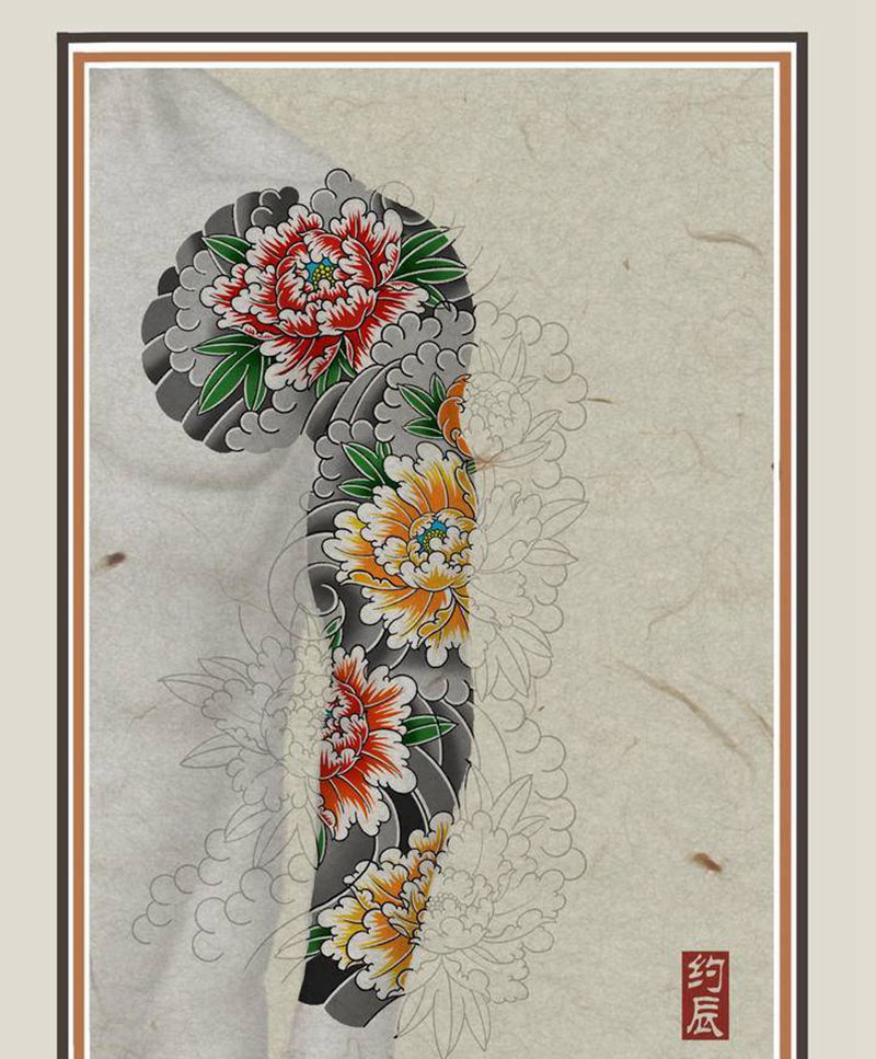 牡丹纹身手稿纹身图片_手臂老传统纹身图案