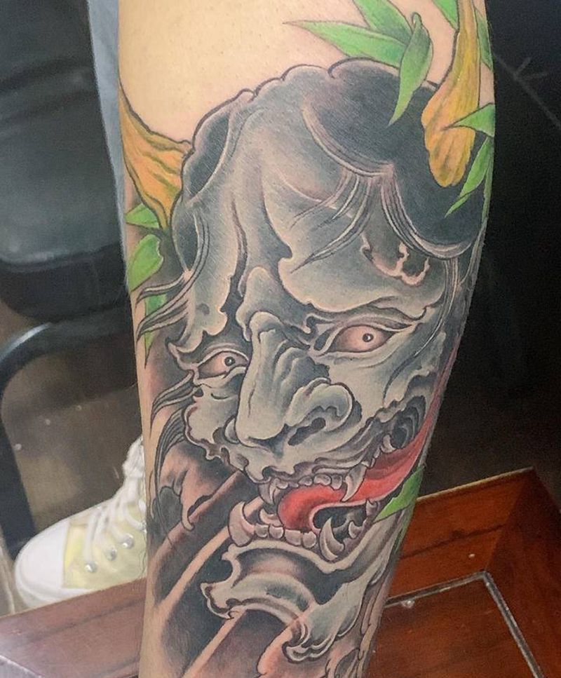 小腿般若纹身图片_腿部新传统纹身图案