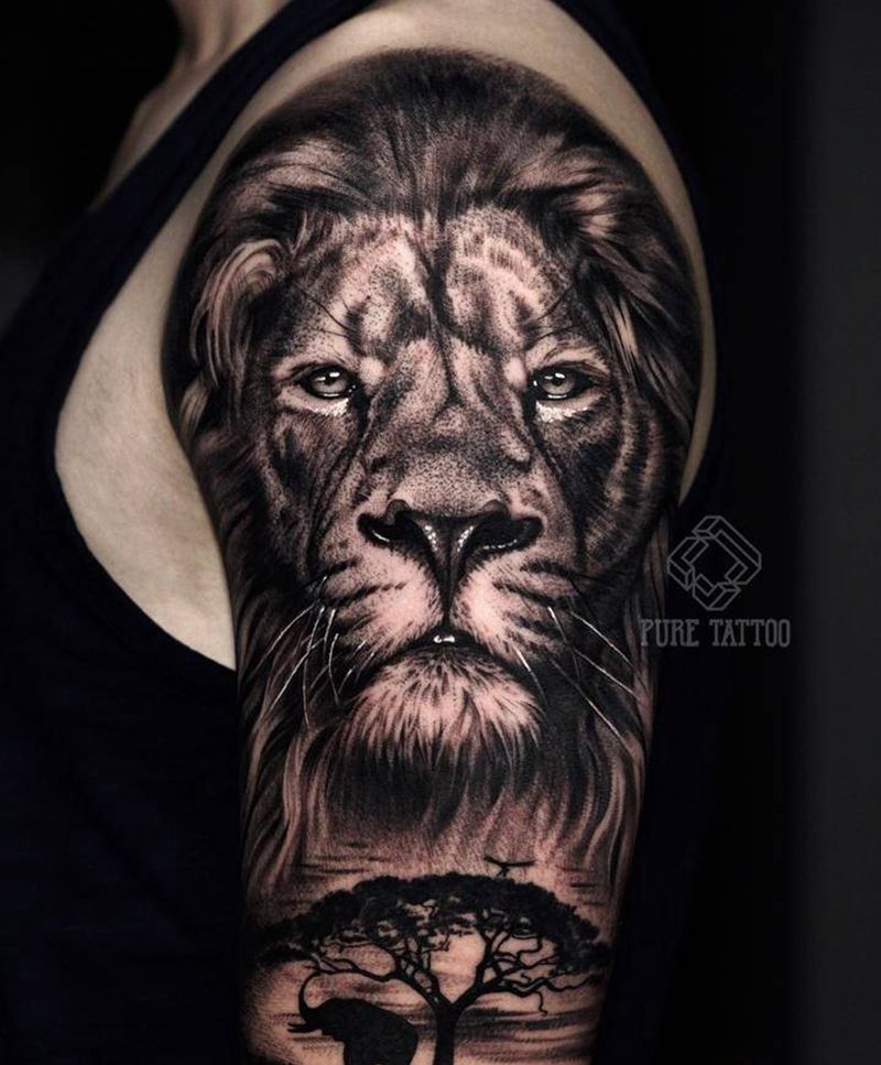 狮子纹身图片_手臂欧美写实狮子纹身图案