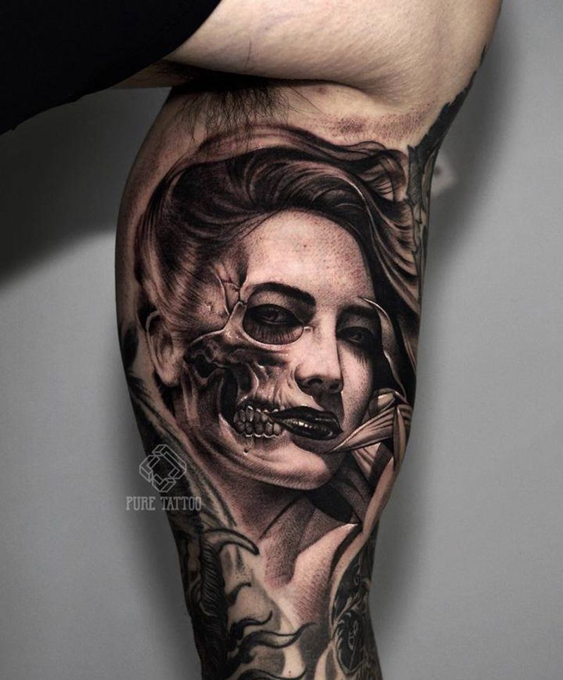 肖像纹身图片_手臂欧美写实肖像骷髅纹身图案