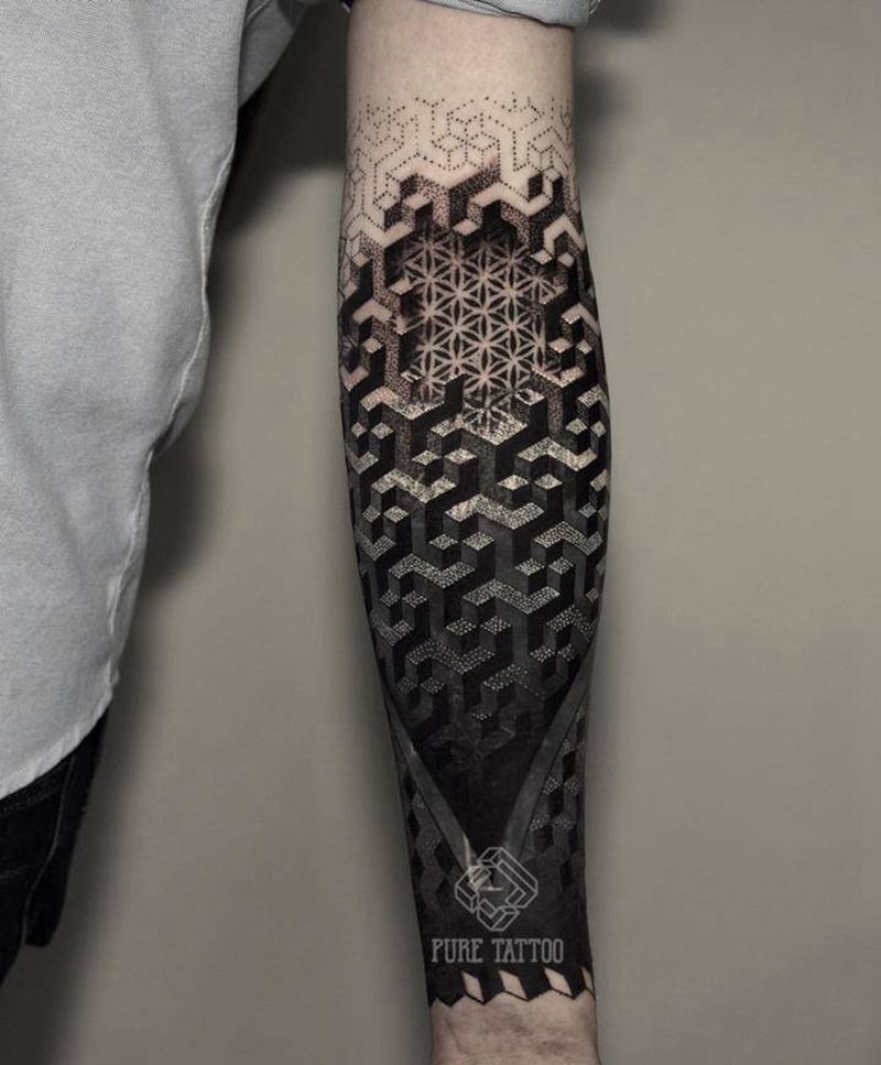 黑臂重生纹身图片_手部几何点刺黑臂遮盖纹身图案