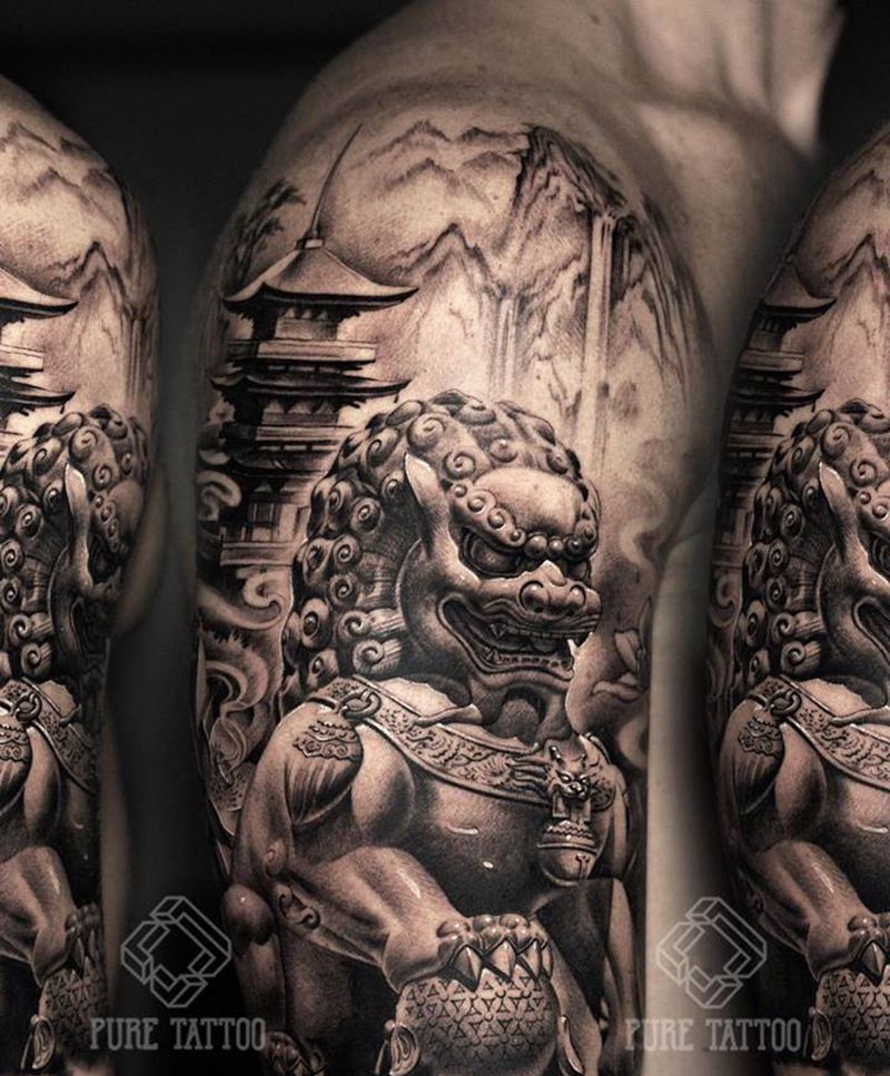 唐狮纹身图片_手臂新传统唐狮中国风纹身图案