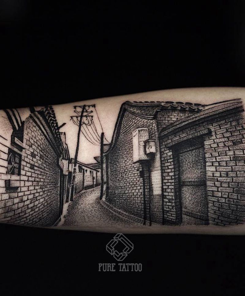 胡同记忆纹身图片_手臂欧美写实新传统胡同老北京写实建筑纹身图案
