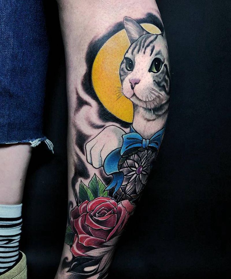 猫纹身图片_腿部Old School纹身图案