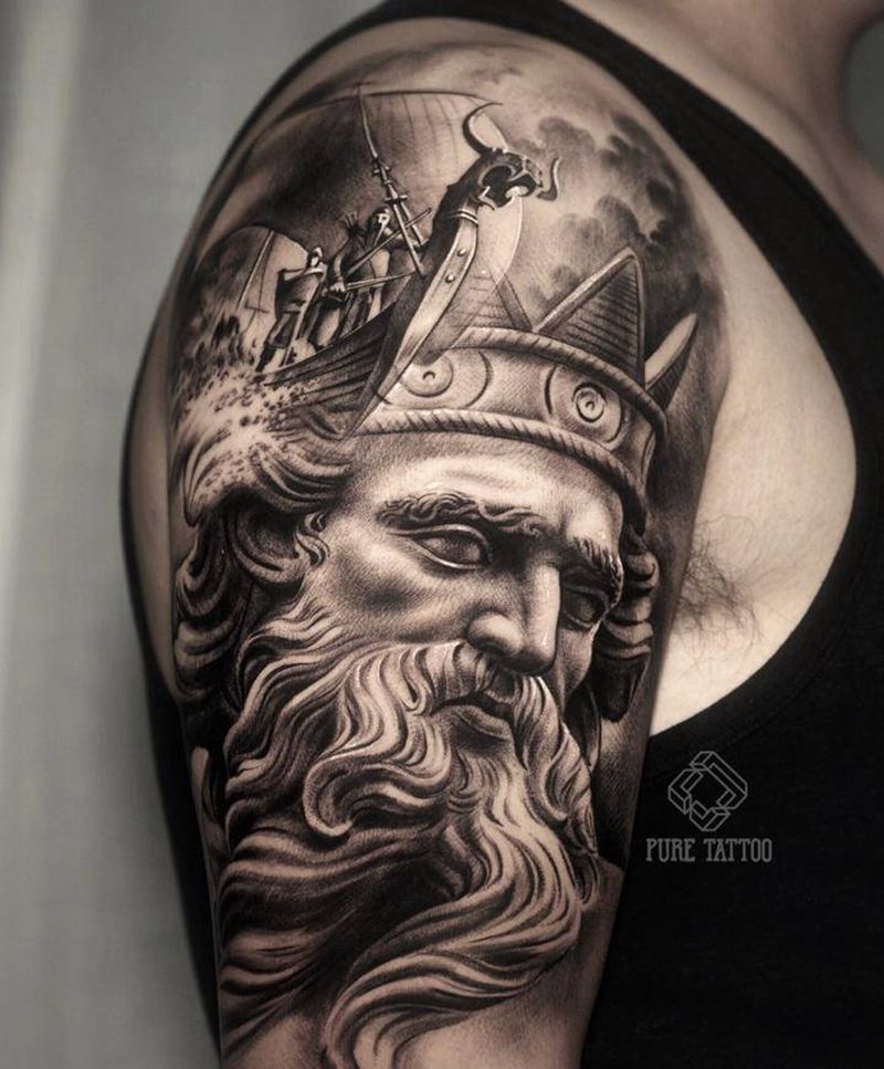 波塞冬纹身图片_手臂欧美写实波塞冬纹身图案