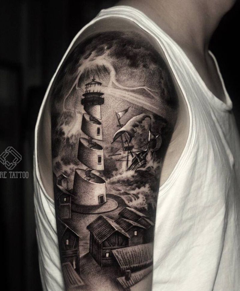 风浪纹身图片_手臂欧美写实灯塔纹身图案