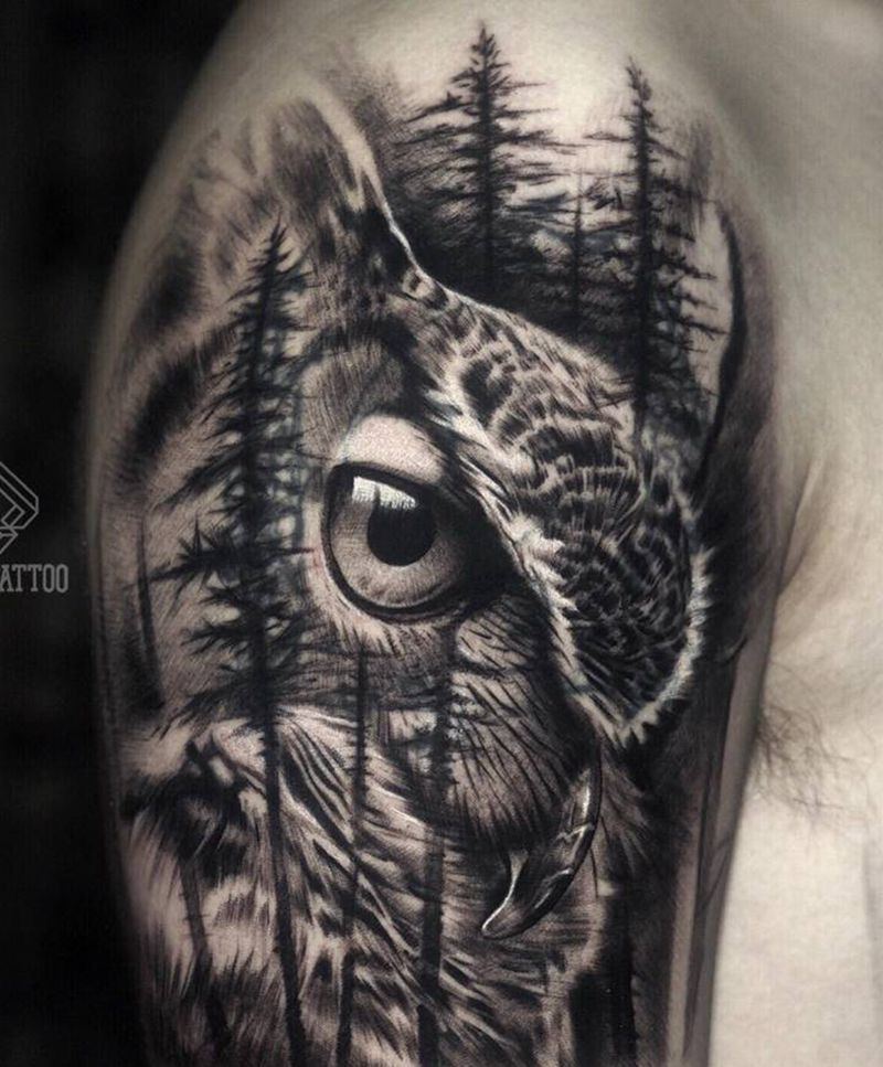 猫头鹰遮盖纹身图片_手臂欧美写实猫头鹰纹身图案