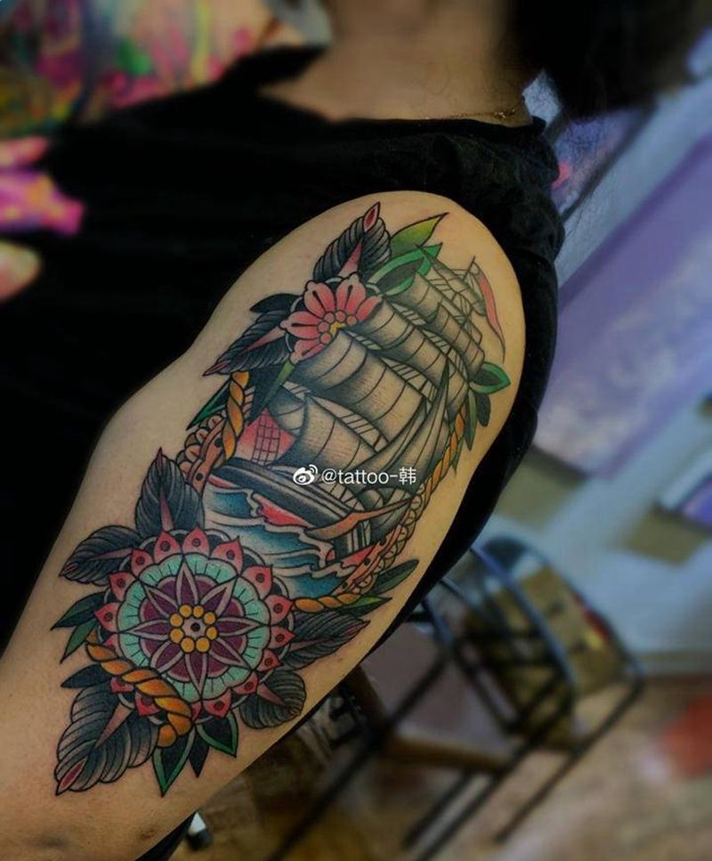 帆船纹身图片_手臂Old School纹身图案