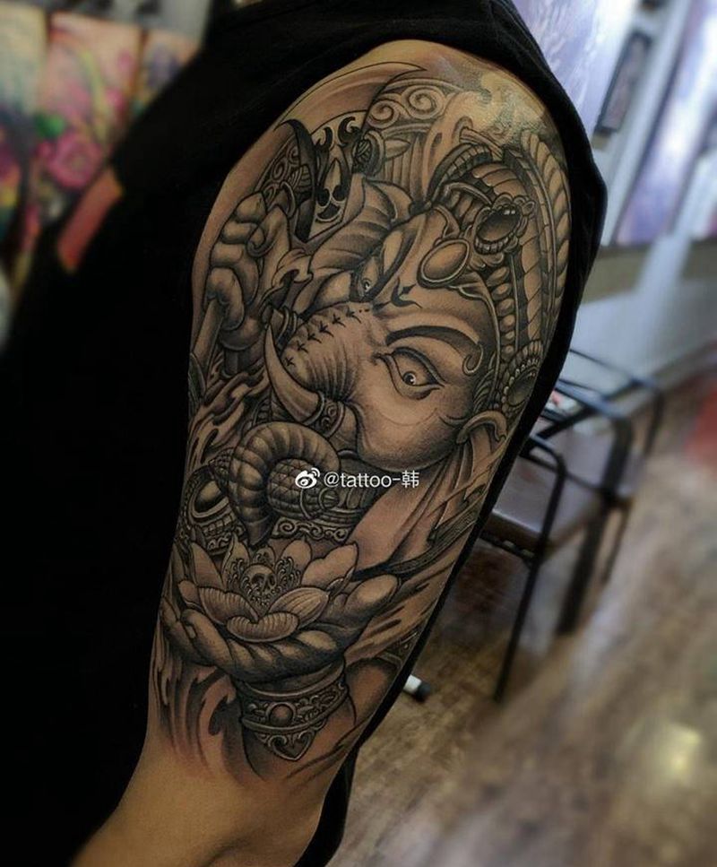 象神纹身图片_新传统象神纹身图案