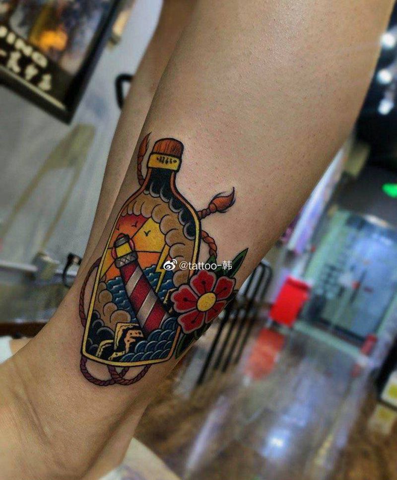 灯塔瓶子纹身图片_脚部纹身图案