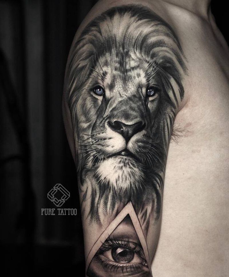 狮子眼睛纹身图片_手臂欧美写实狮子眼睛纹身图案