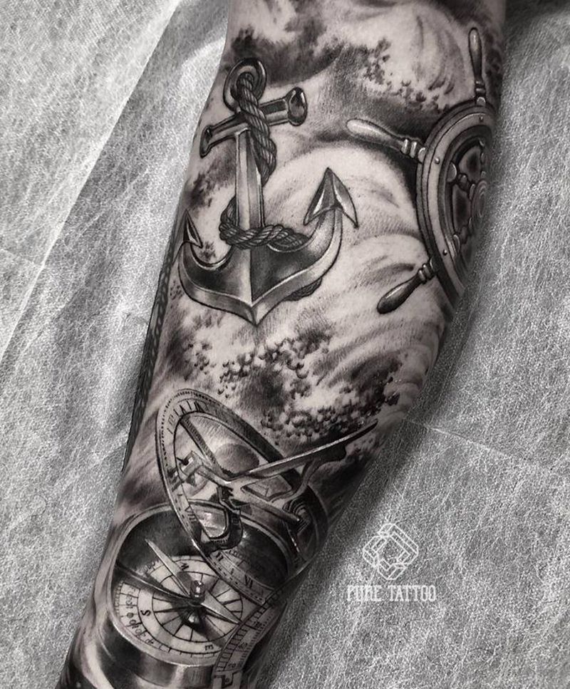 小腿纹身图片_腿部欧美写实指南针船锚舵纹身图案