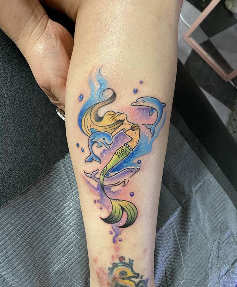 人鱼纹身图片_胸部臀部水彩New School纹身图案