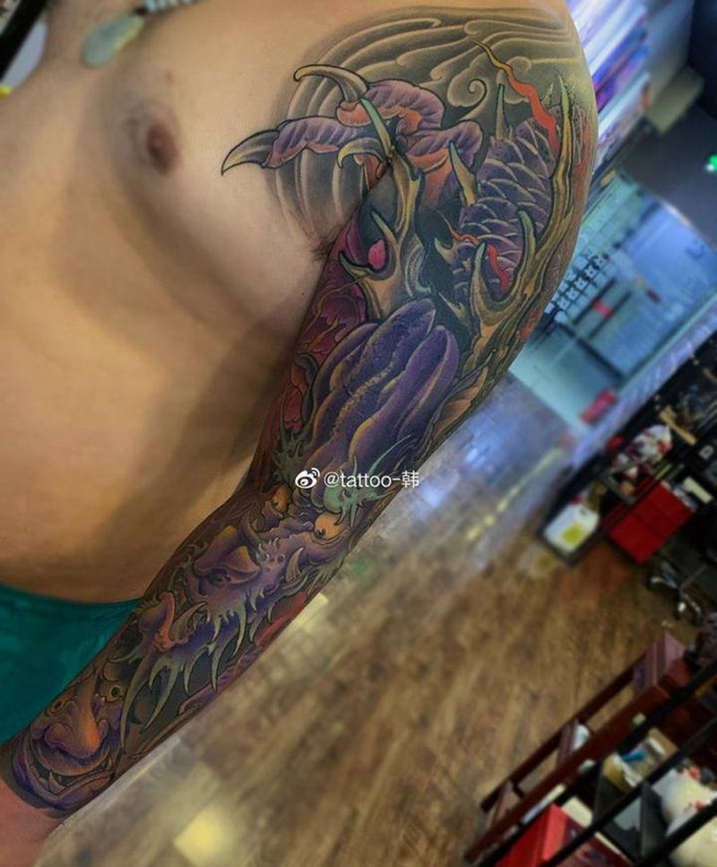 龙臂纹身图片_新传统遮盖纹身图案