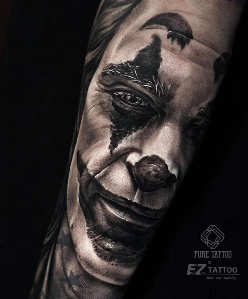 joker纹身图片_手臂欧美写实人物小丑joker纹身图案