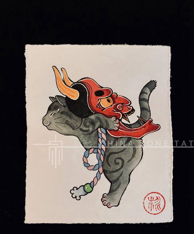 和风小稿纹身图片_手臂腿部新传统猫般若达摩纹身图案