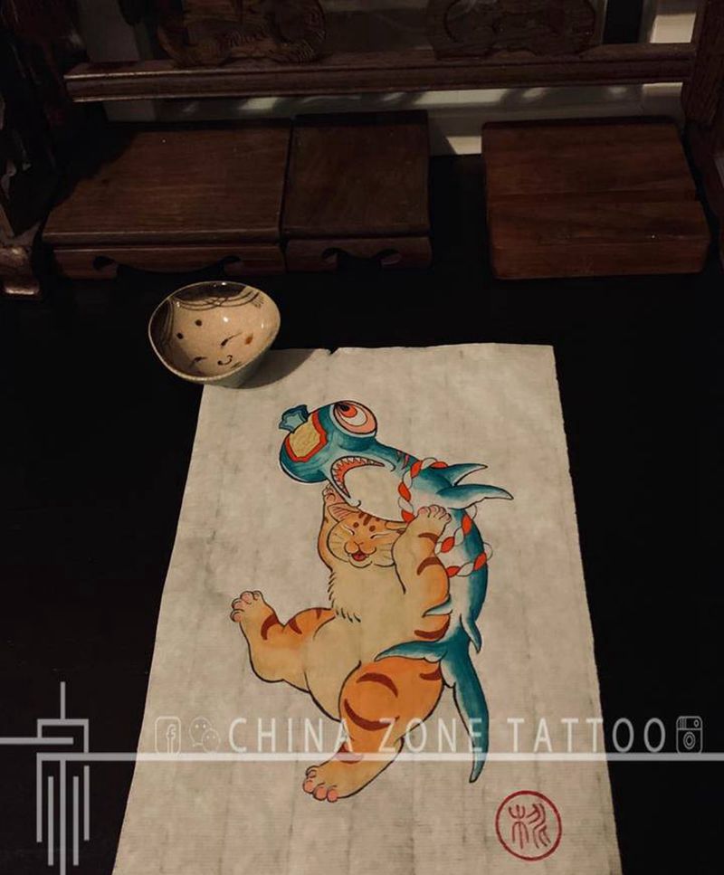 喵星人纹身图片_手臂腿部新传统老传统猫鲨鱼万宝锤纹身图案