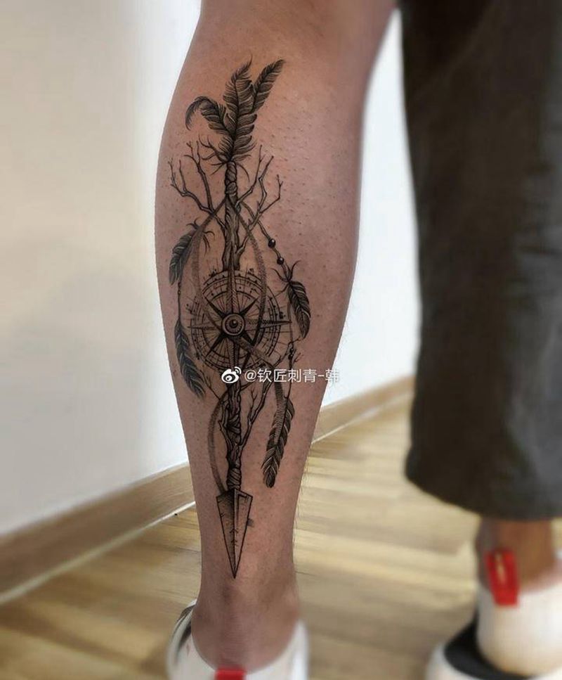 指南针与剑纹身图片_腿部纹身图案