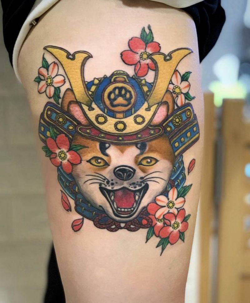 秋田犬武士纹身图片_腿部新传统New School纹身图案