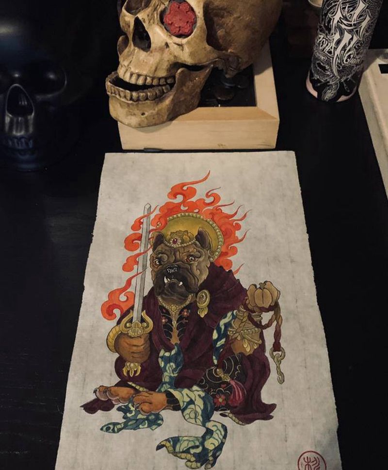 不动法斗纹身图片_腿部手臂新传统不动明王法斗狗纹身图案