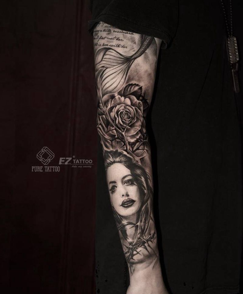 花臂肖像纹身图片_手臂欧美写实花臂肖像纹身图案