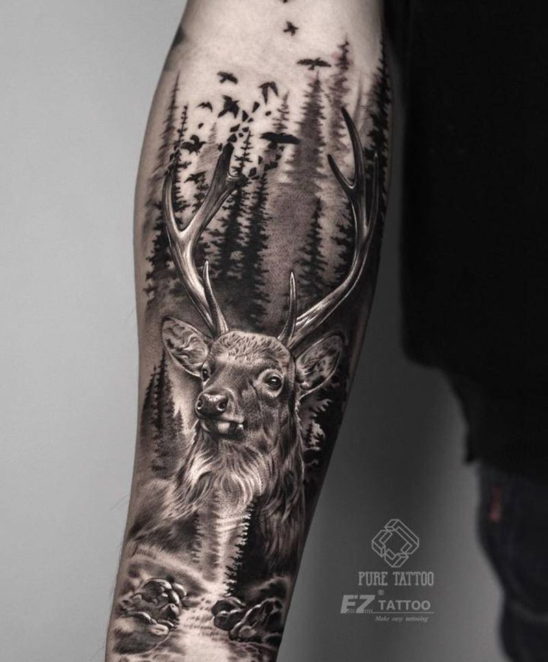 鹿纹身图片_手臂欧美写实鹿纹身图案