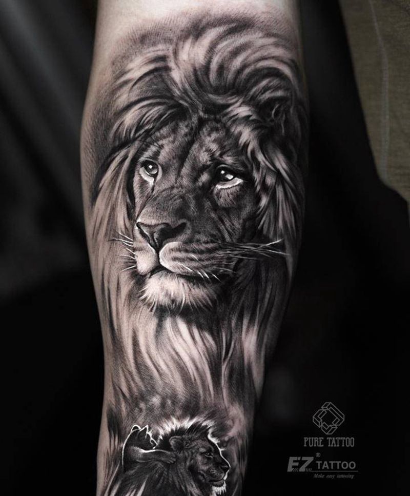 狮子纹身图片_手臂欧美写实狮子父子纹身图案