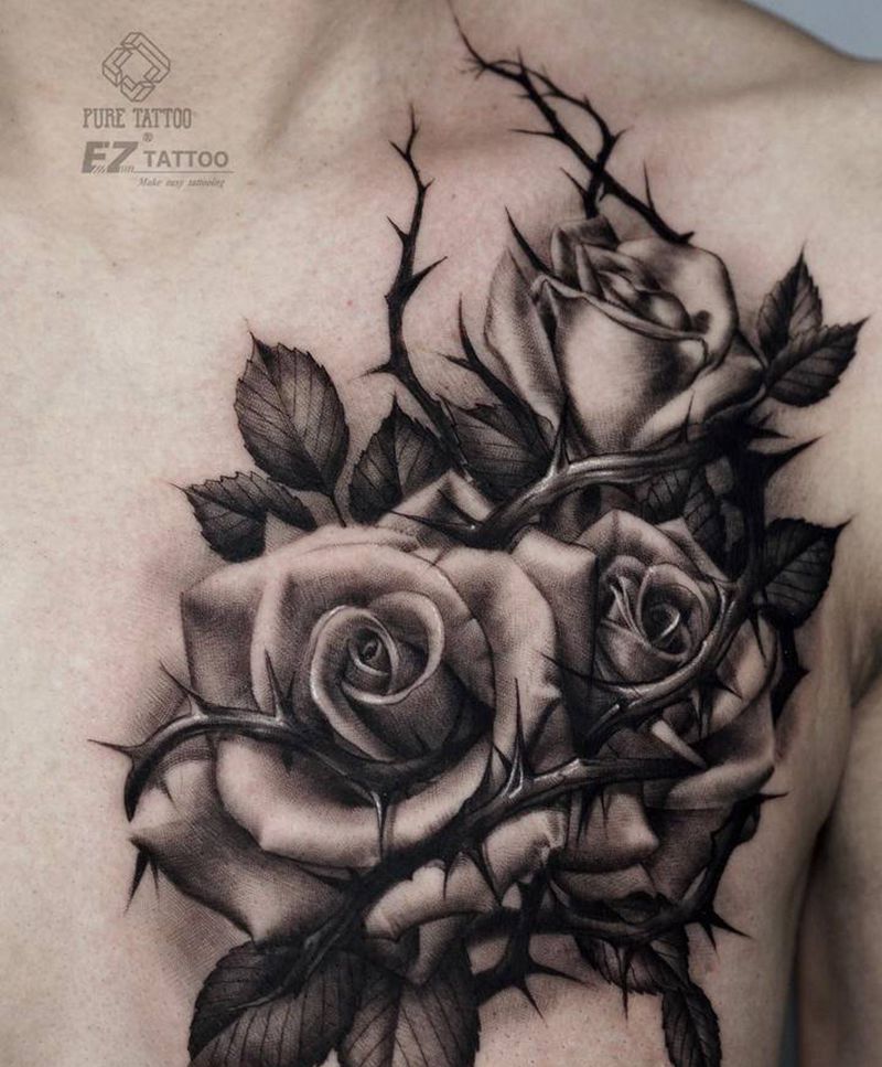 玫瑰荆棘纹身图片_胸部欧美写实玫瑰荆棘纹身图案
