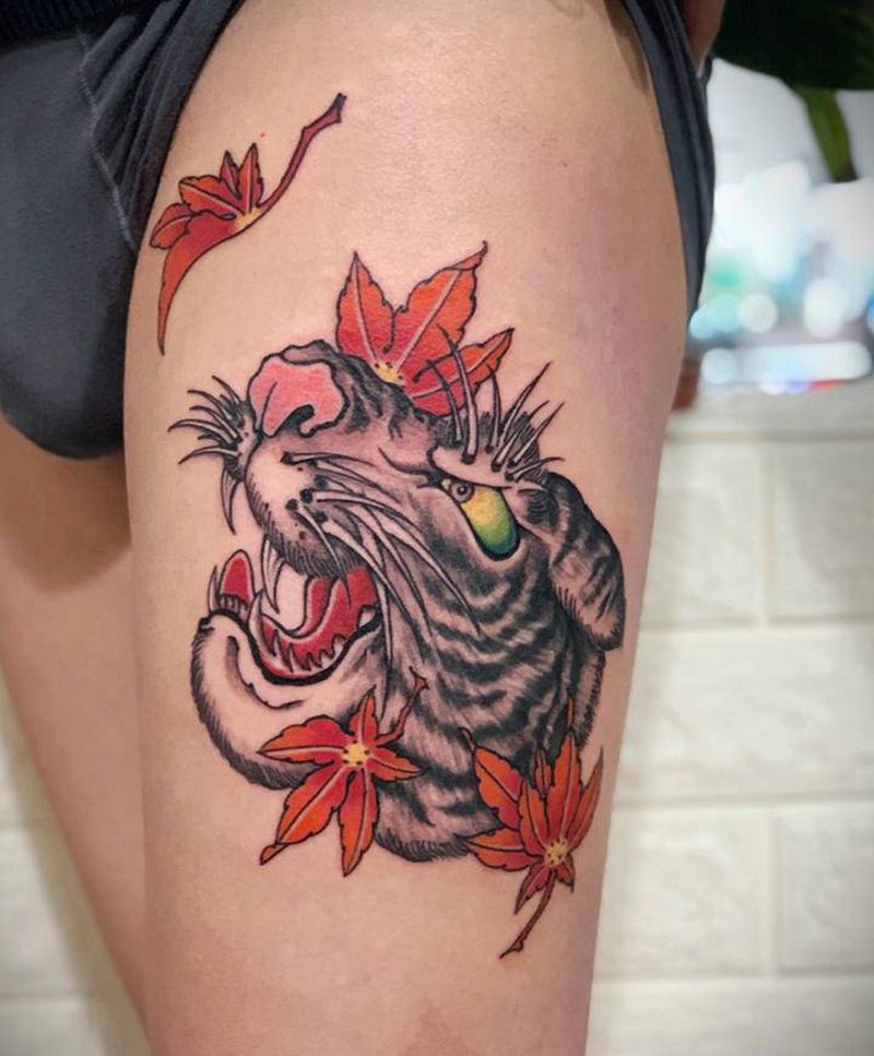 老虎纹身图片_腿部老传统新传统纹身图案