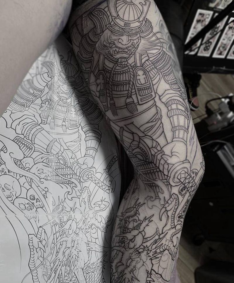 鬼武士花腿纹身图片_腿部新传统纹身图案