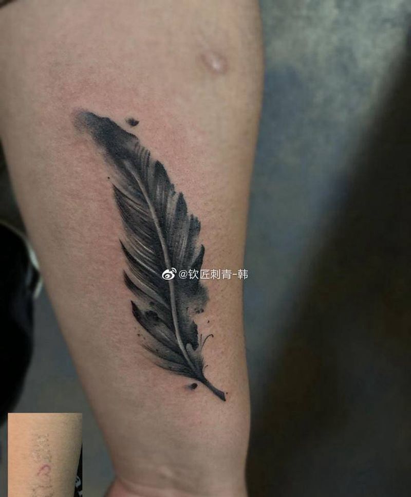 遮盖羽毛纹身图片_手臂水墨纹身图案