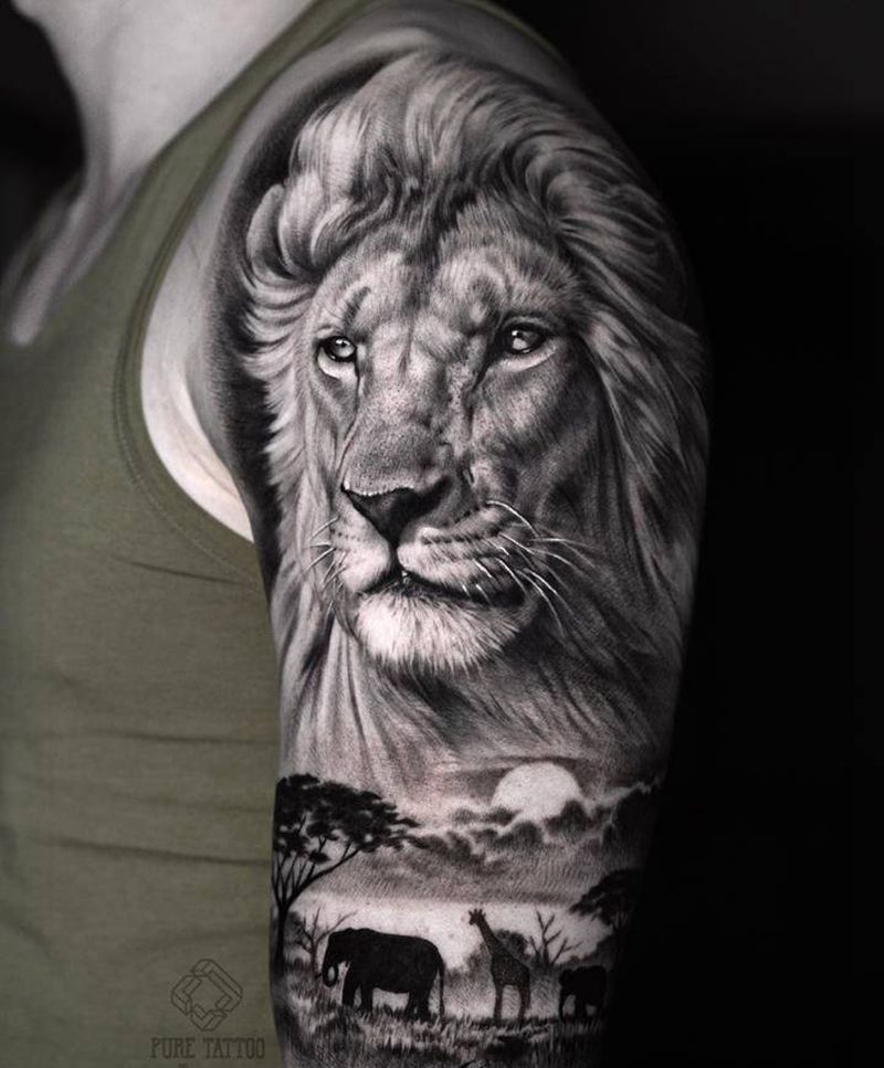 狮子纹身图片_手臂欧美写实狮子纹身图案