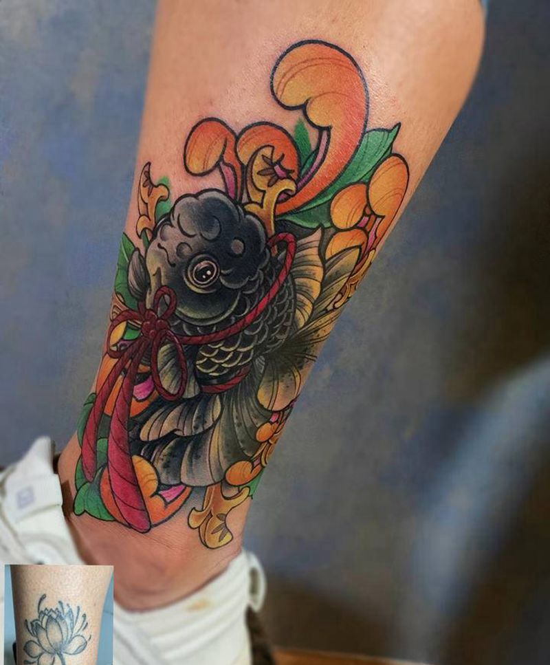 遮盖作品 金鱼纹身图片_腿部纹身图案