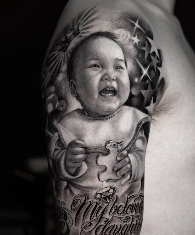 爸爸的小棉袄纹身图片_手臂欧美写实人像肖像写实纹身图案