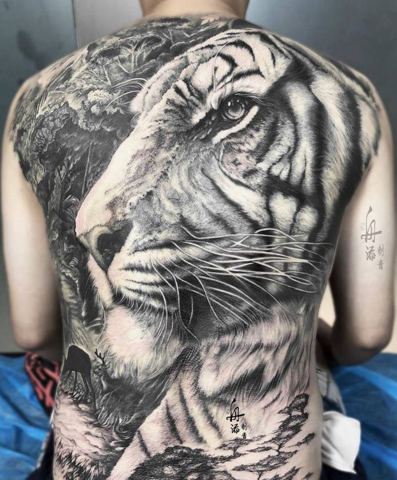 虎纹身图片_背部欧美写实虎纹身图案