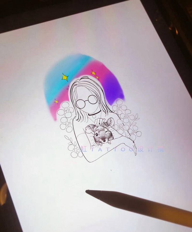 原创定制-设计稿纹身图片_腿部手臂几何水彩照片简笔画人物简笔画龙猫纹身图案